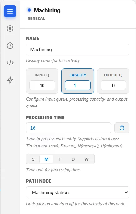 The Machining activity's General tab, with Path node set to Machining station and the line Units pick up and drop off for this activity at this node.