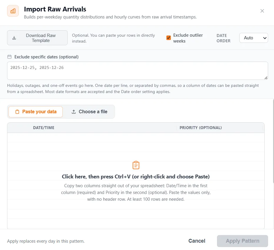The Import Raw Arrivals window with the date order, outlier and excluded date settings above an empty grid waiting for pasted rows