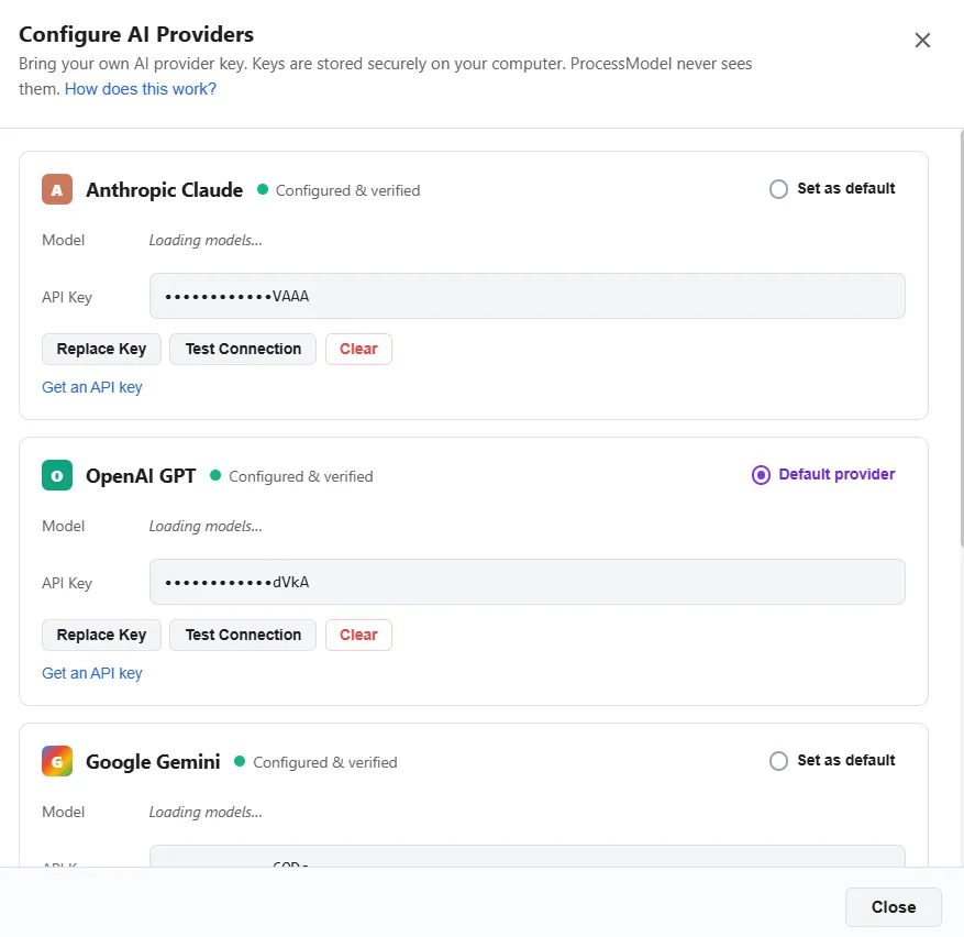 The Configure AI screen with provider cards