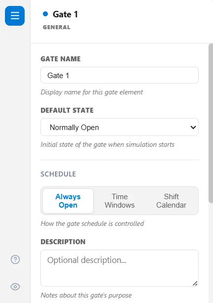 A gate's General tab, with a default state and a schedule of Always Open, Time Windows, or Shift Calendar