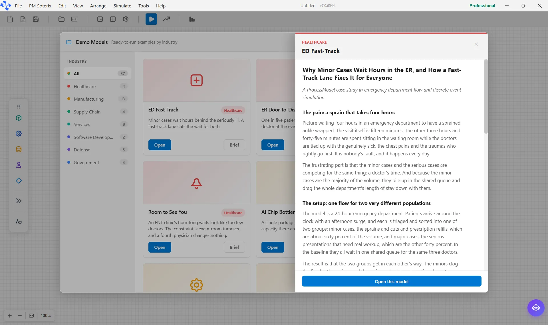 The Brief panel slid over the grid, with the case-study write-up and an Open this model button.
