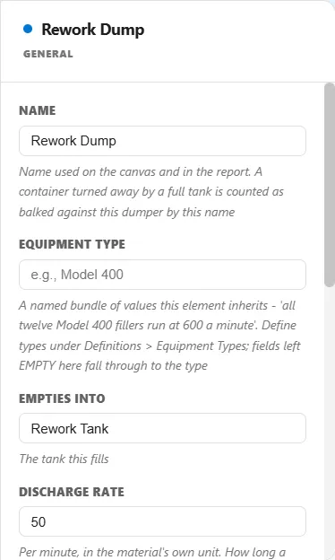 A Dumper's settings, emptying an arriving entity back into a tank.