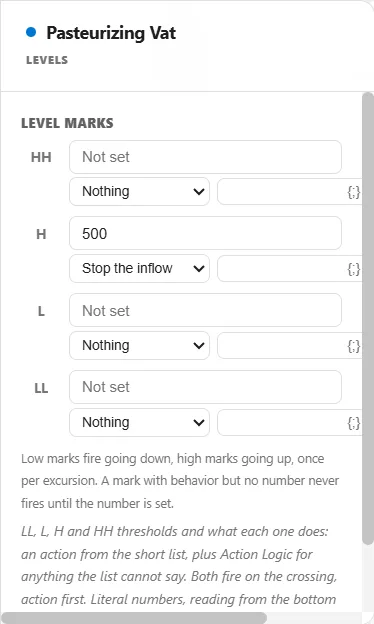 A vessel's level marks LL, L, H and HH, with their actions.