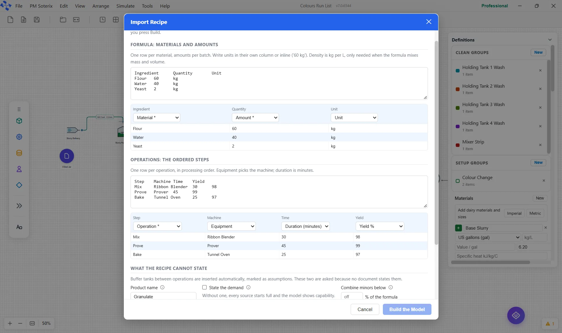The Import Recipe window with a pasted formula and operations, and the column mapping under each.
