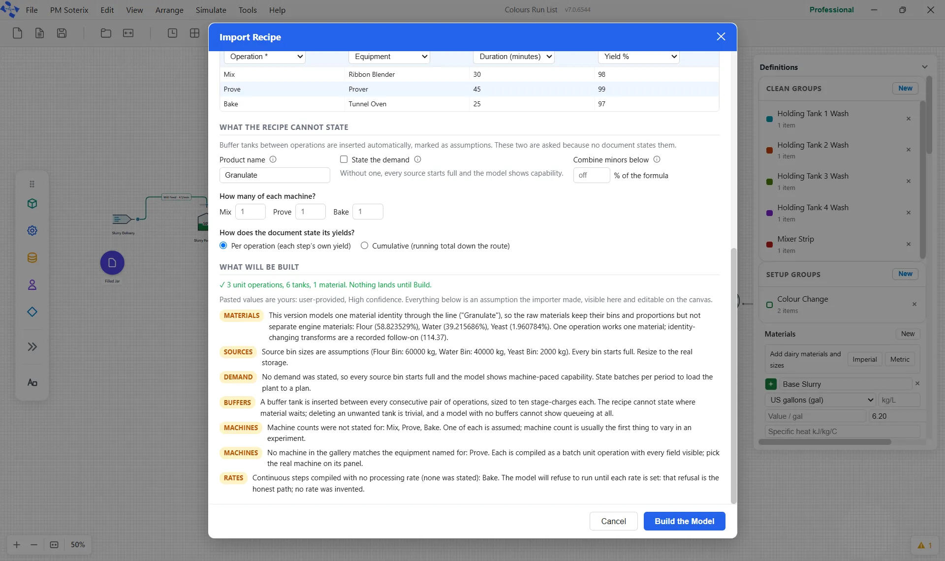 The Import Recipe preview: element counts, the confidence line, and the tagged assumptions.