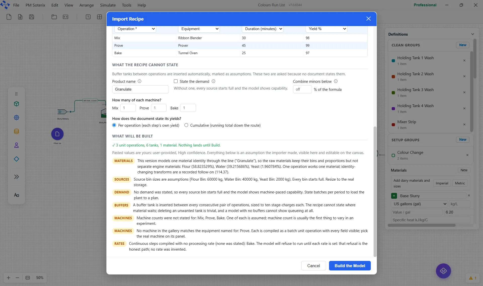 The Import Recipe preview: element counts, the confidence line, and the tagged assumptions.