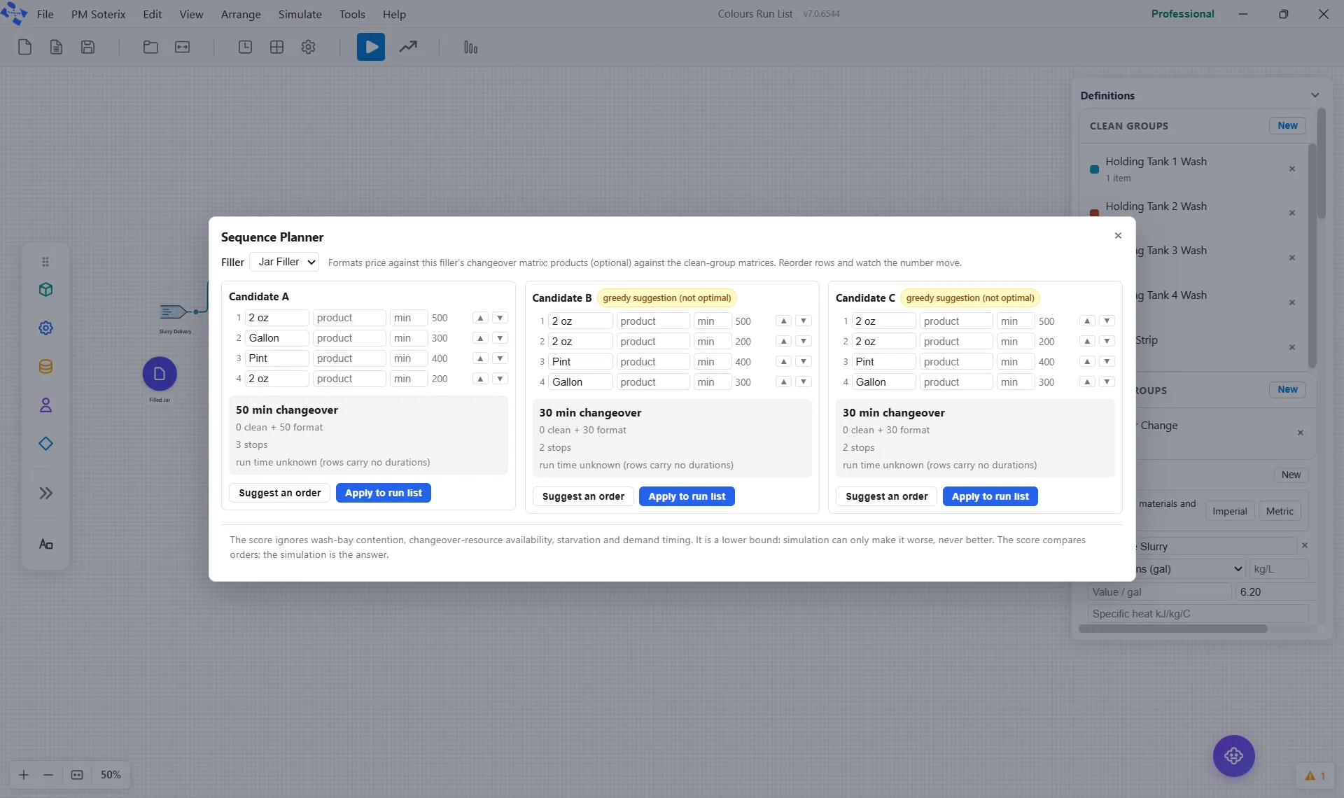 The Sequence Planner with three candidate columns, each scored, and the limitation note along the foot.