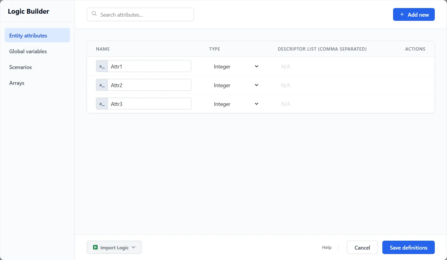 The Entity attributes tab in the Logic Builder