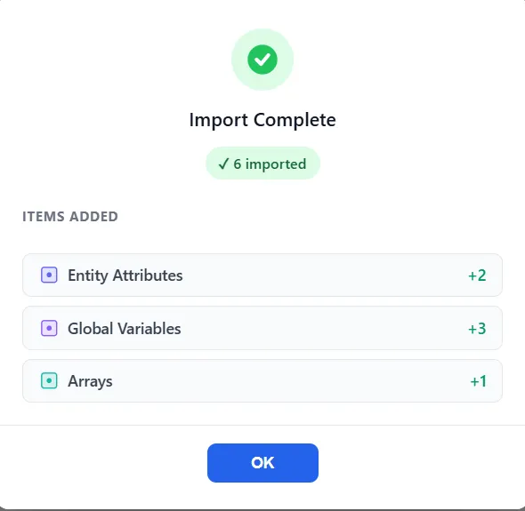 The result of a spreadsheet import: an Import Complete heading, a tally reading 6 imported, and an Items Added list of Entity Attributes plus 2, Global Variables plus 3, and Arrays plus 1