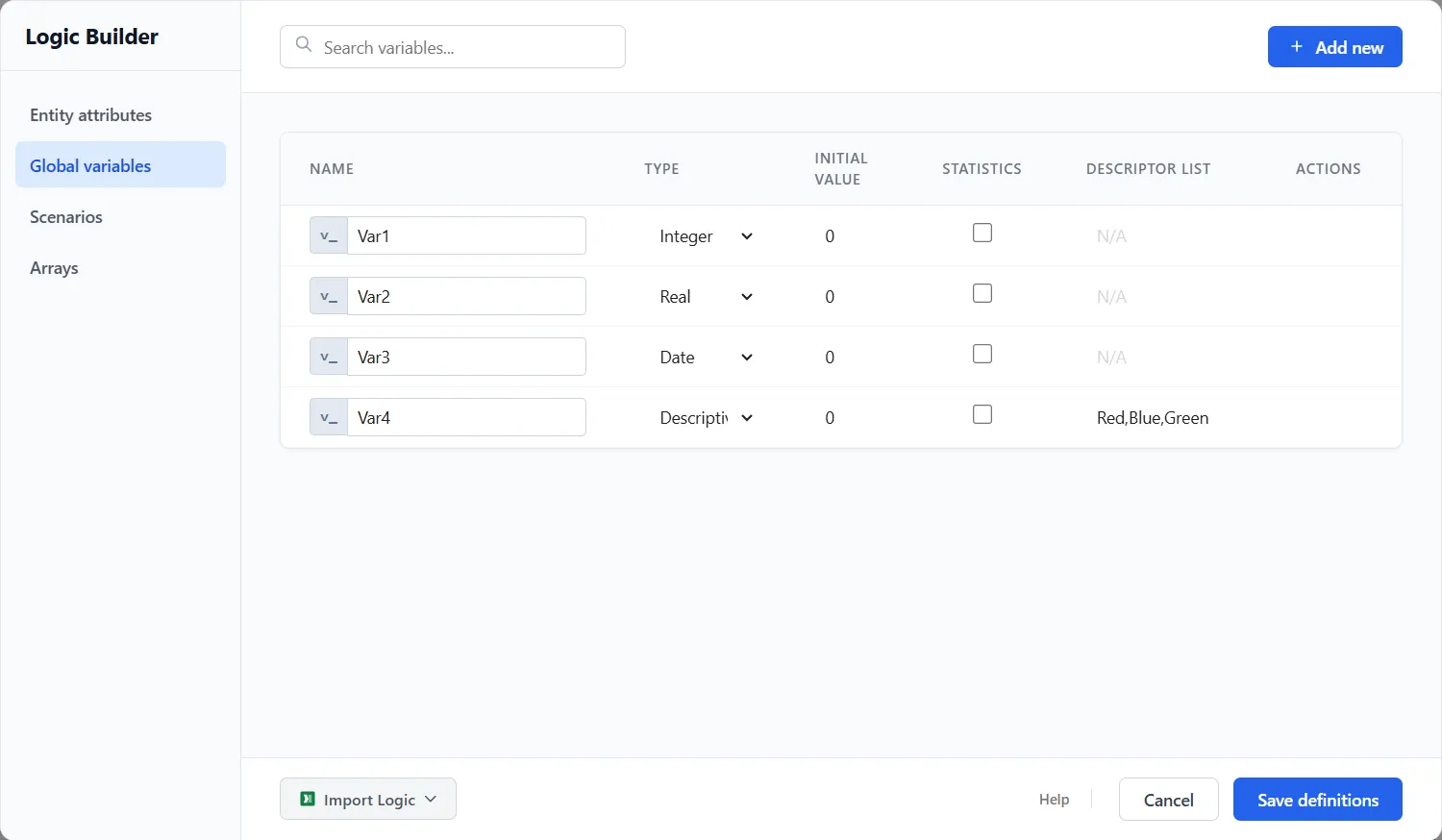 The Global variables tab in the Logic Builder