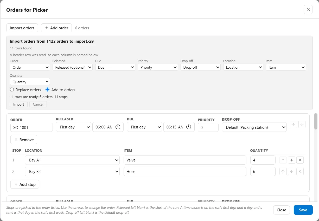 The import panel inside the Orders window: one column choice for each column of the file, Order, Released, Due, Priority, Drop-off, Location, Item and Quantity, the choice between Replace orders and Add to orders, the line saying how many rows are ready, and the Cancel and Import buttons.