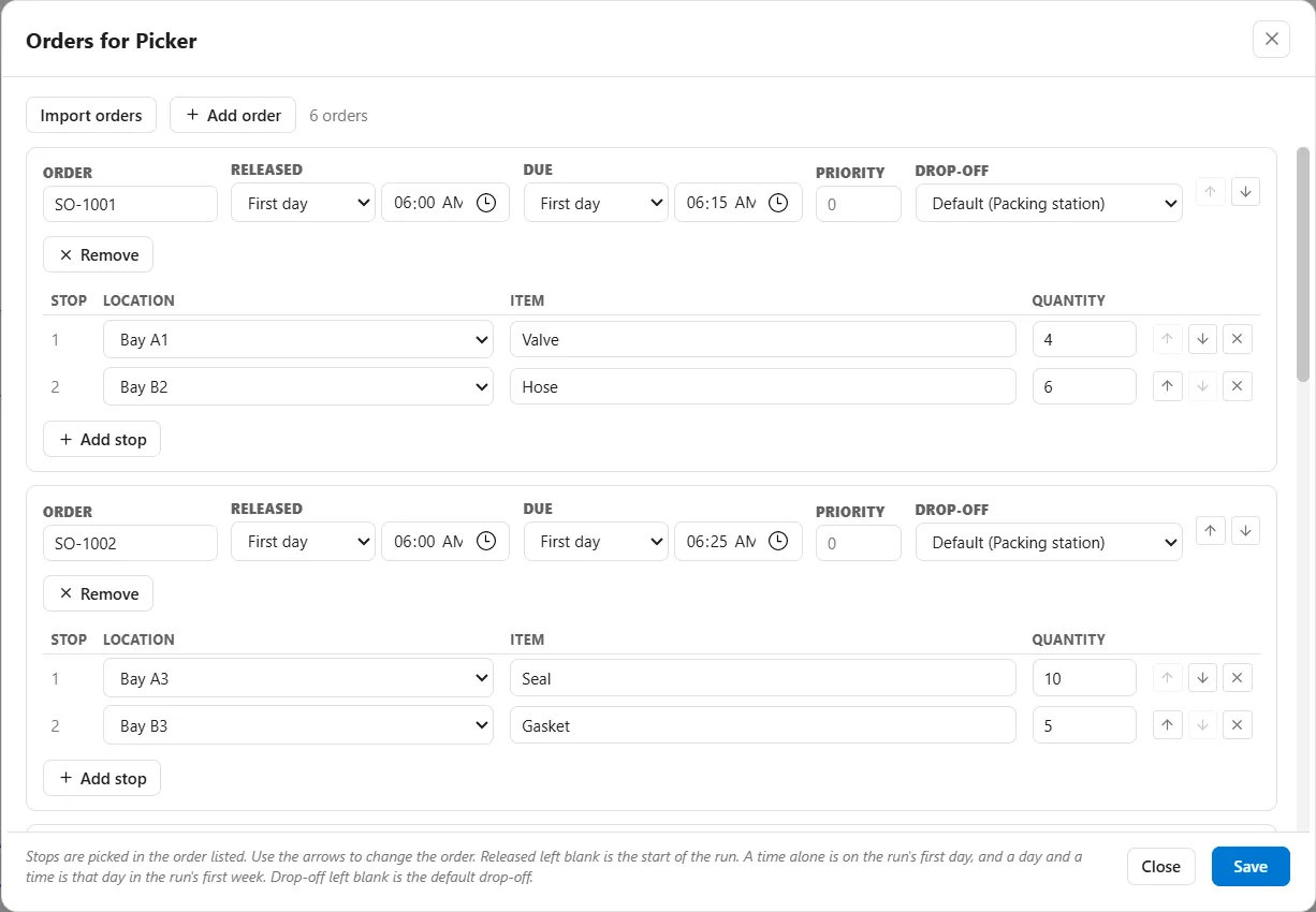 The Orders for Picker window with six orders. The first card, SO-1001, shows Released and Due as a day and a time, Priority, Drop-off Default (Packing station), and two stops: Bay A1, Valve, 4 and Bay B2, Hose, 6. Import orders and Add order are at the top, Close and Save at the foot.
