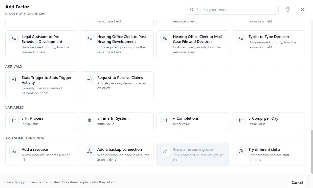 The Add Factor picker, with groups for the model's objects and an Add something new group.