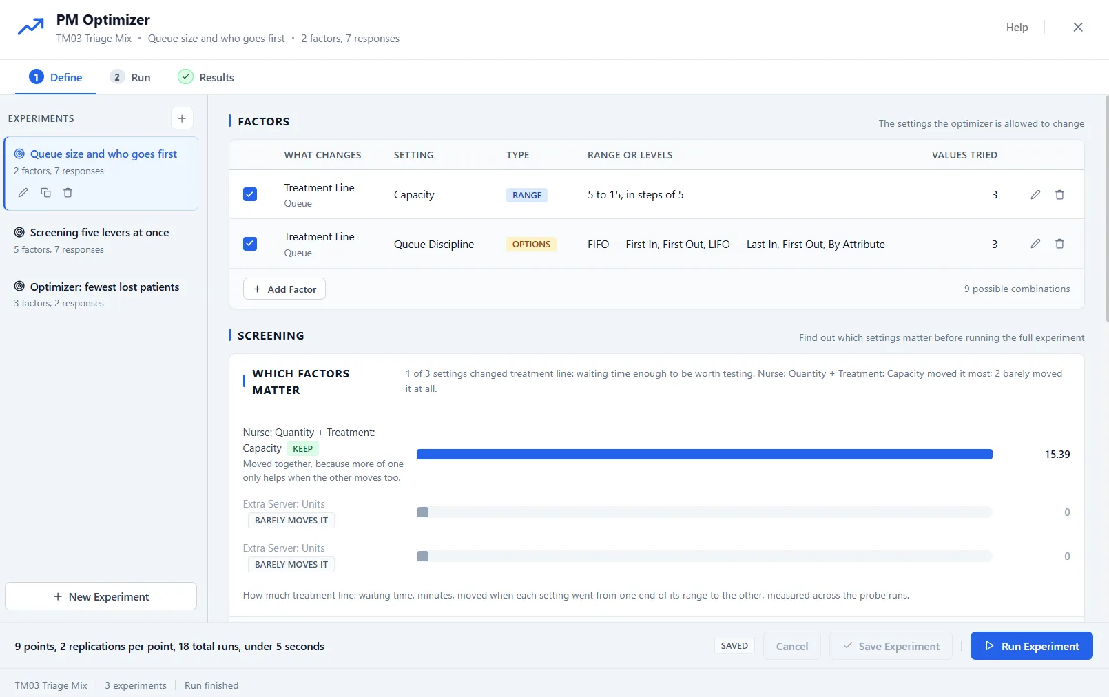The Define step, with saved experiments, a factors table, screening, and the run footer.