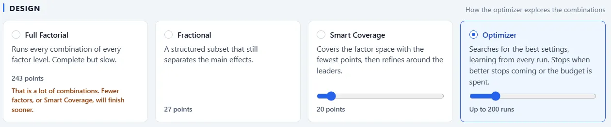 The four design choices, each with a point count.