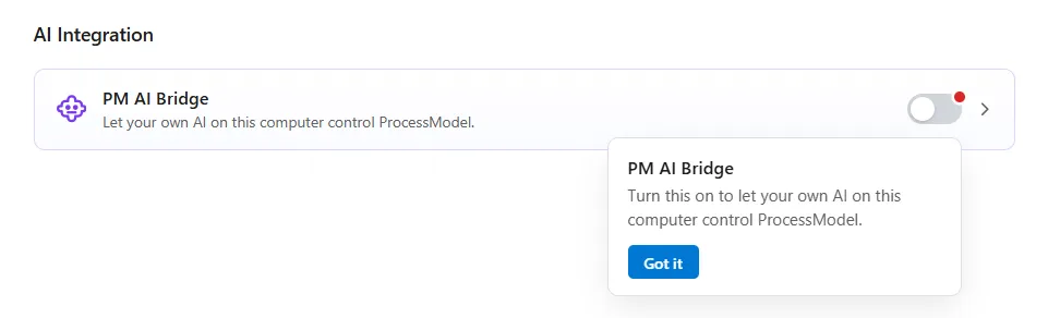 The PM AI Bridge card with its switch off and a red dot on it, and a note under the switch that reads Turn this on to let your own AI on this computer control ProcessModel, with a Got it button.