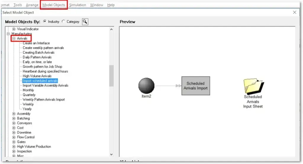 The model objects menu on the top toolbar