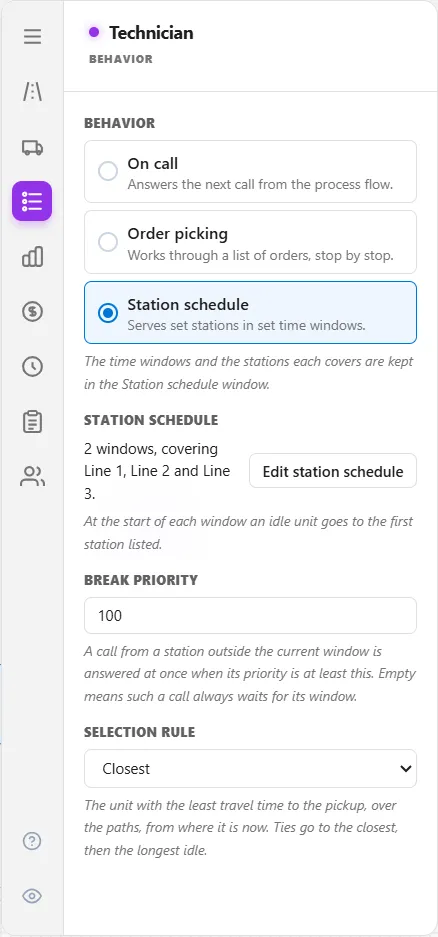 The Technician's Behavior tab with Station schedule chosen, the summary of its two windows with Edit station schedule, Break priority set to 100, and the Selection rule.