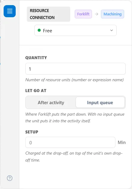 A Free connection from Forklift to Machining: Quantity 1, Let go at with After activity and Input queue, Input queue chosen, its line, and Setup.