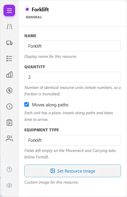 The Forklift's General tab: Name Forklift, Quantity 2, Moves along paths ticked with its line, and Equipment Type Forklift with the line Fields left empty on the Movement and Carrying tabs follow Forklift. The tab column now has Movement, Carrying and Behavior after General.