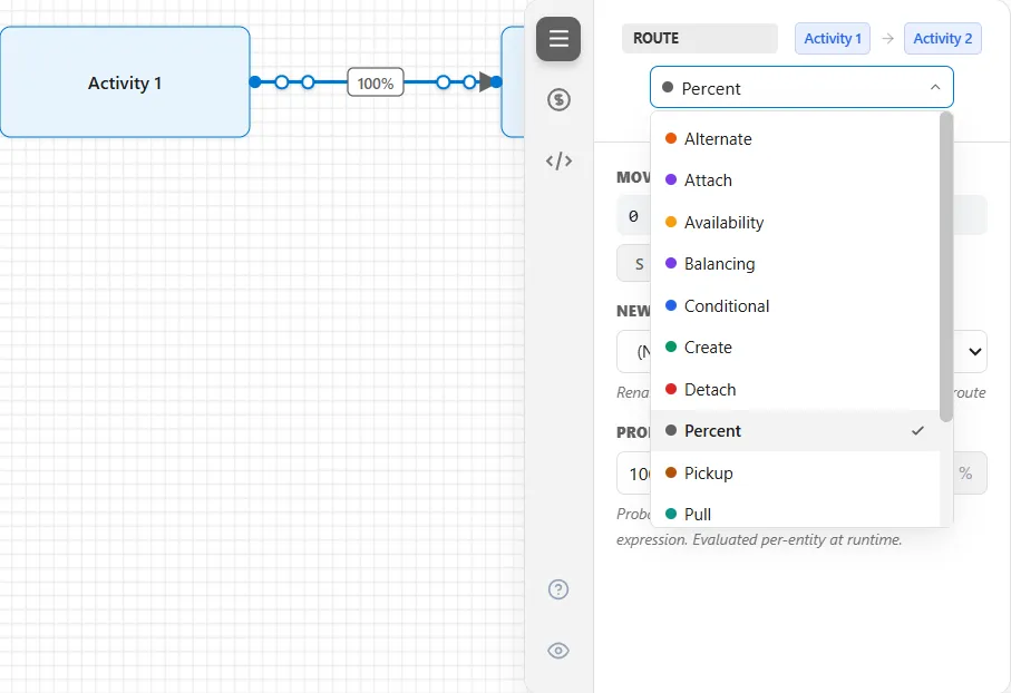 A route selected on the canvas with its properties panel open and the list of route types showing, from Alternate to Pull
