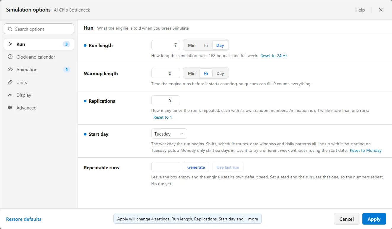 The Simulation options window on the Run group: three settings marked with a blue dot and a reset link, and the footer line Apply will change 4 settings
