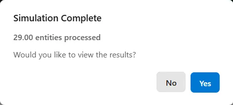 The Simulation Complete question after a Stop: the line 29.00 entities processed, the line Would you like to view the results?, and the buttons No and Yes.