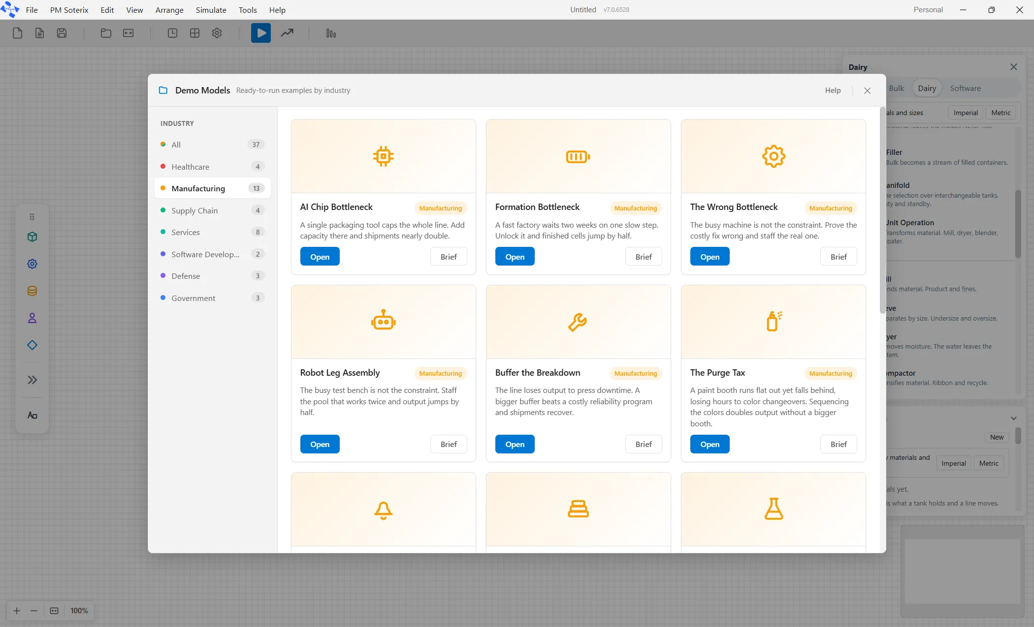 File, then Demo Models. The industry list filters the cards.