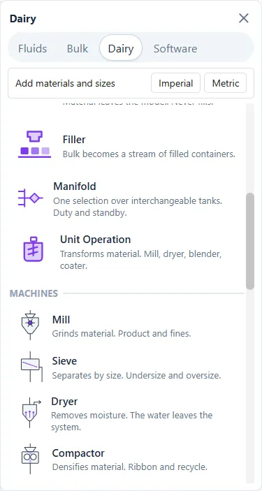 The Machines section. Every one of these drops the same Unit Operation element with different settings.