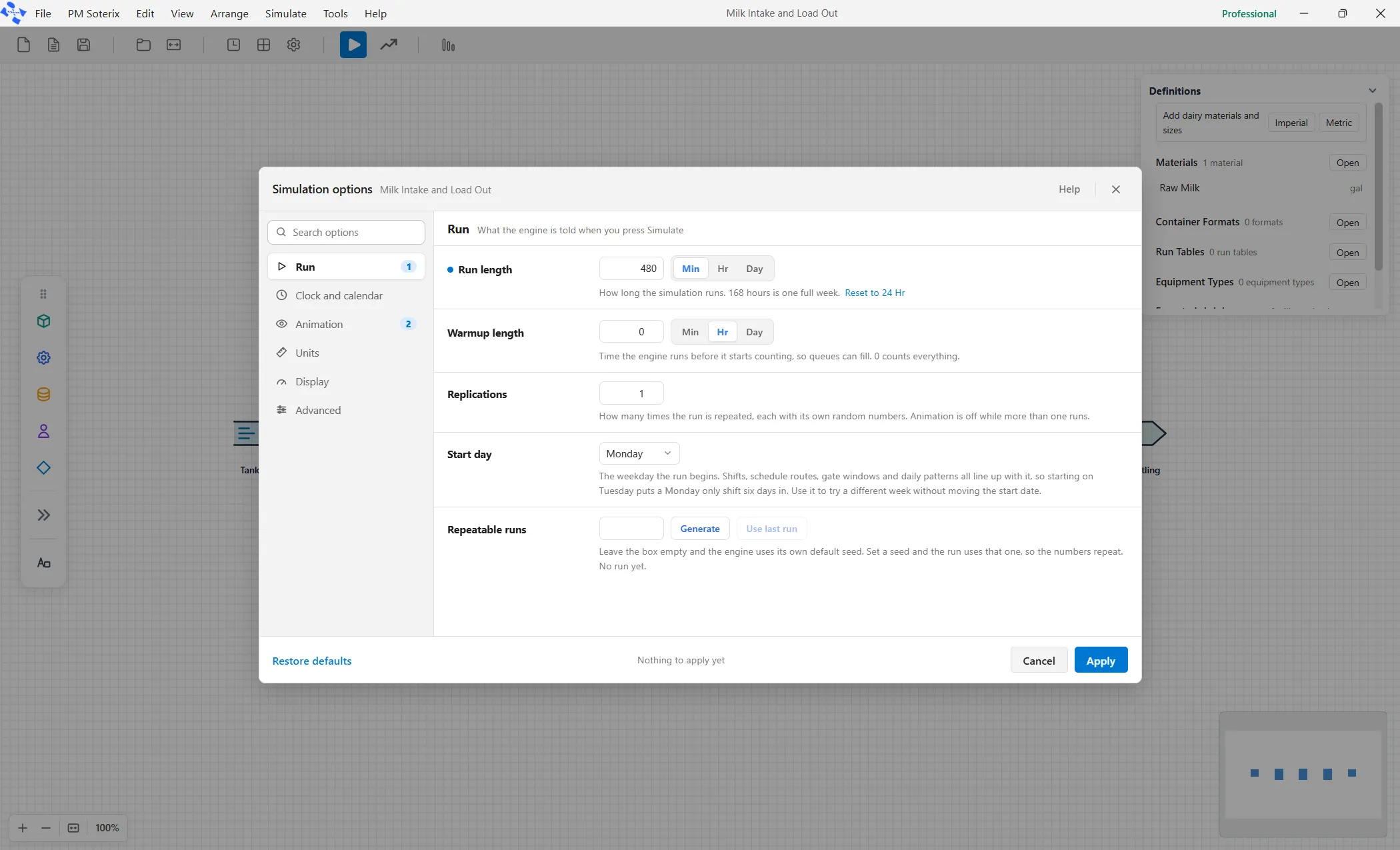 Simulate, then Options. Run length 480 minutes, one replication, animation off.