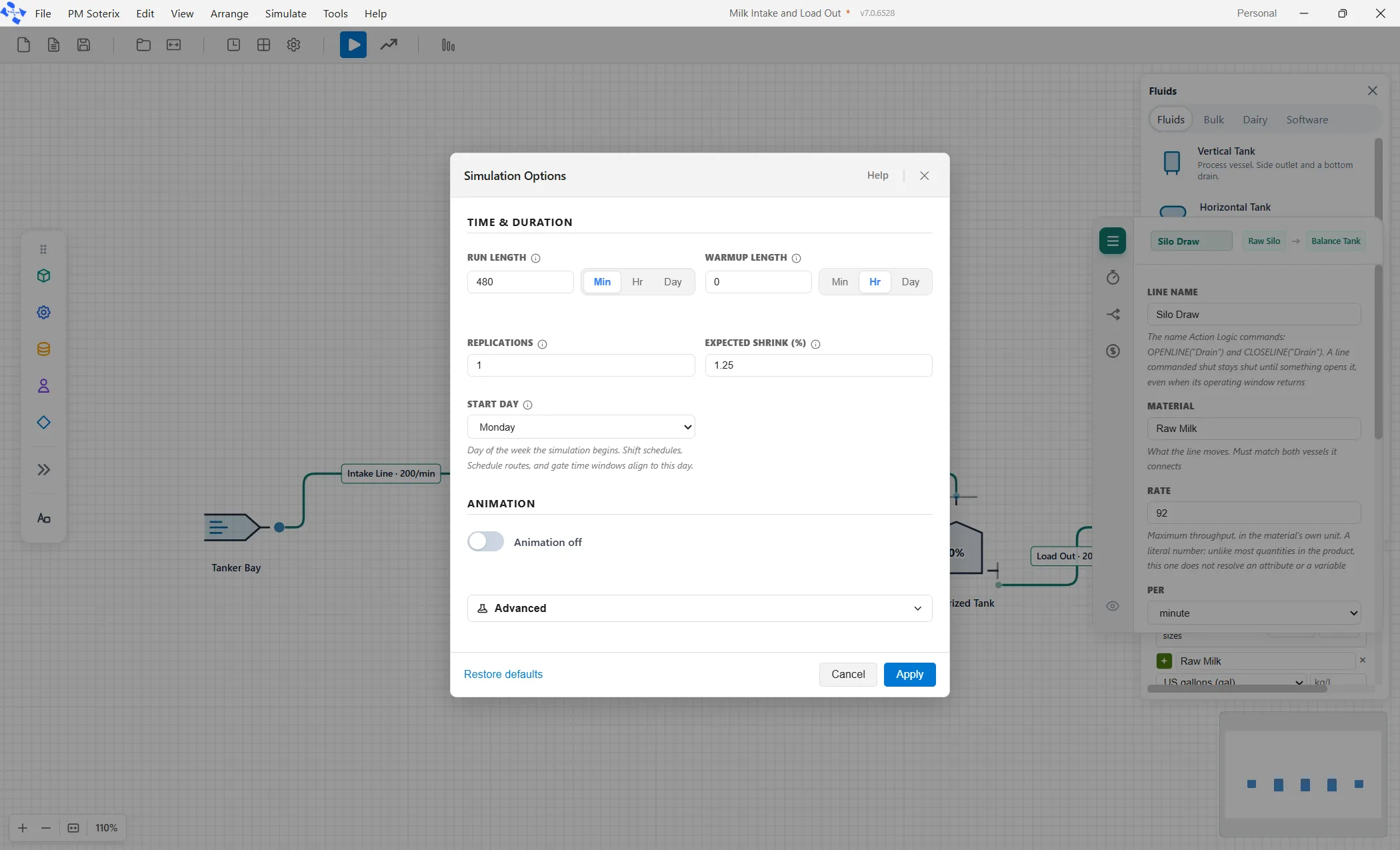 Simulate, then Options. Run length 480 minutes, one replication, animation off.