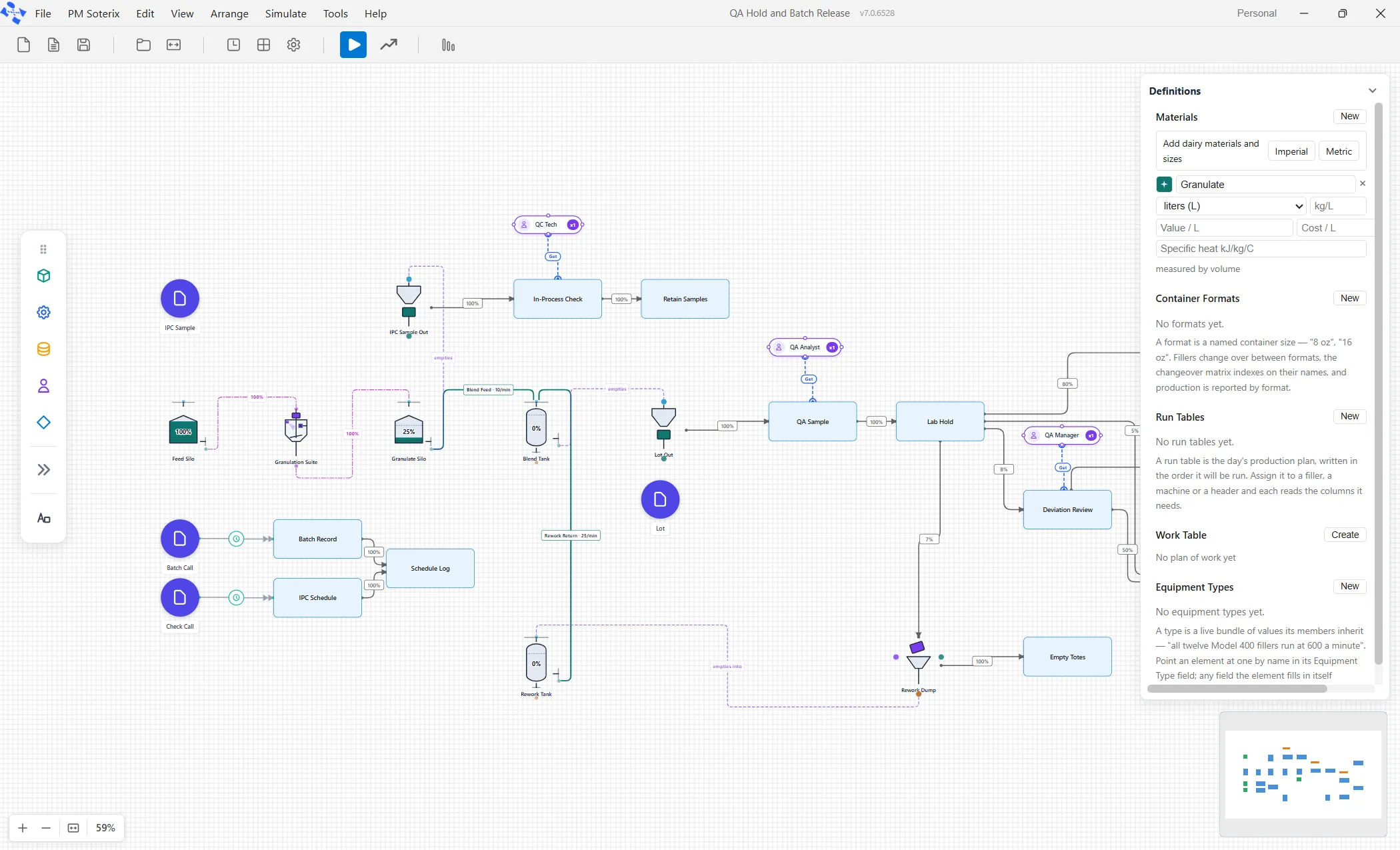 QA Hold and Batch Release. The bulk plant is on the left; everything to the right of the Discharge is ordinary discrete flow.