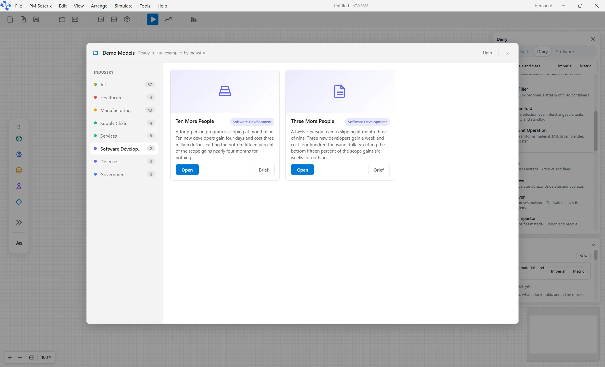 The Demo Models window with Software Development selected.