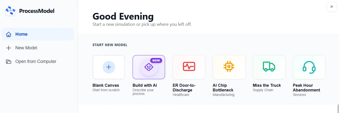 The ProcessModel welcome screen with its gallery of ready-made demo models