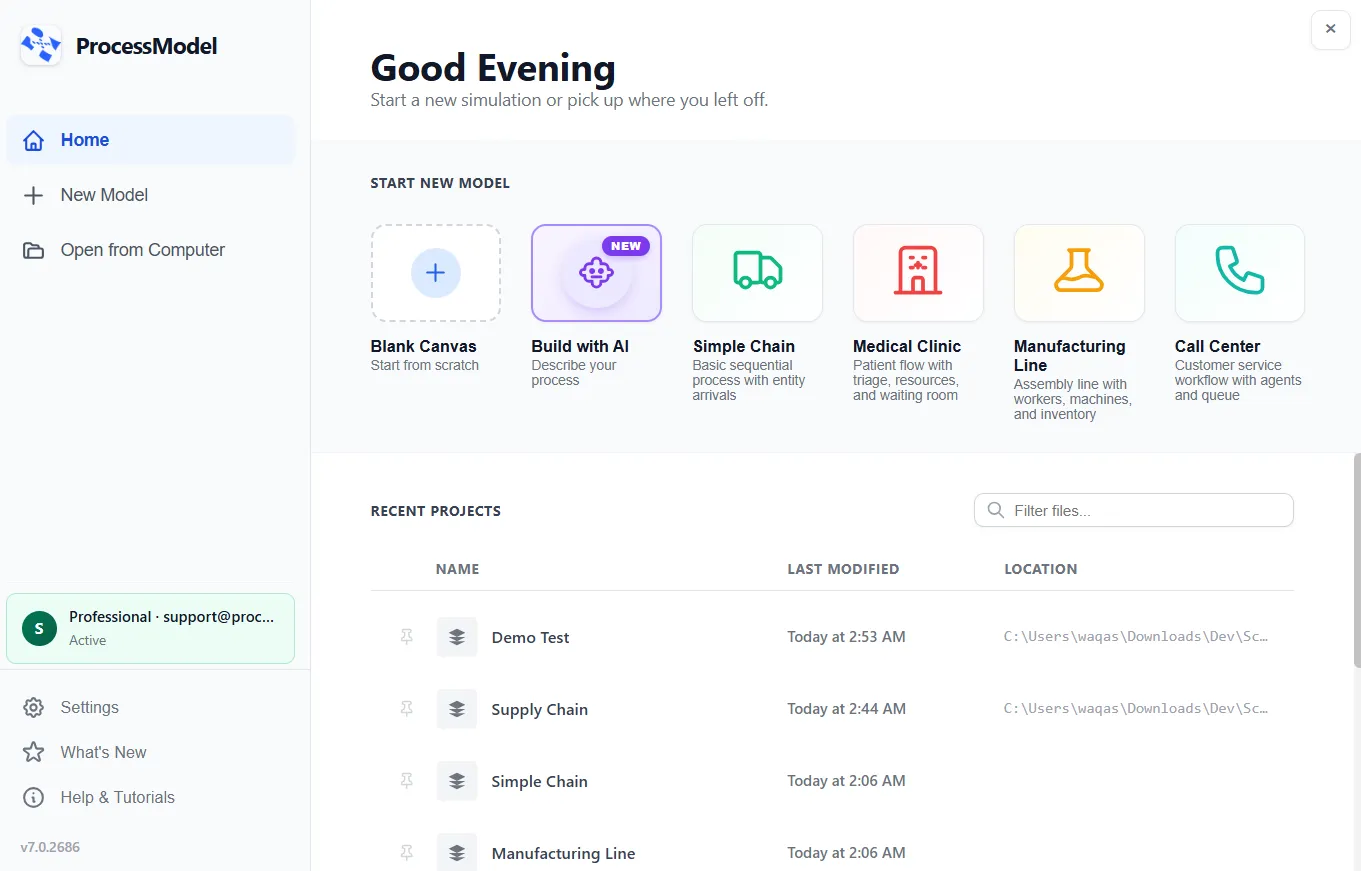 The ProcessModel welcome screen with its gallery of ready-made demo models