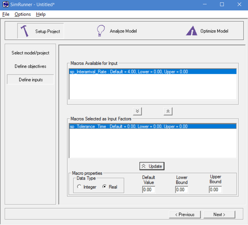 Defining inputs in simrunner