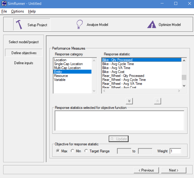 Defining objectives in a model using simrunner