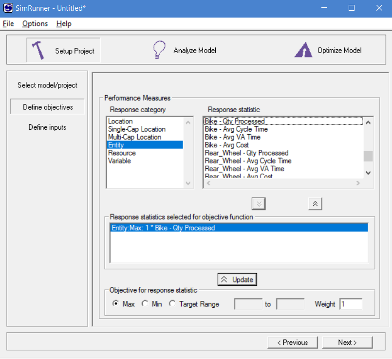 Editing response statistics in simrunner