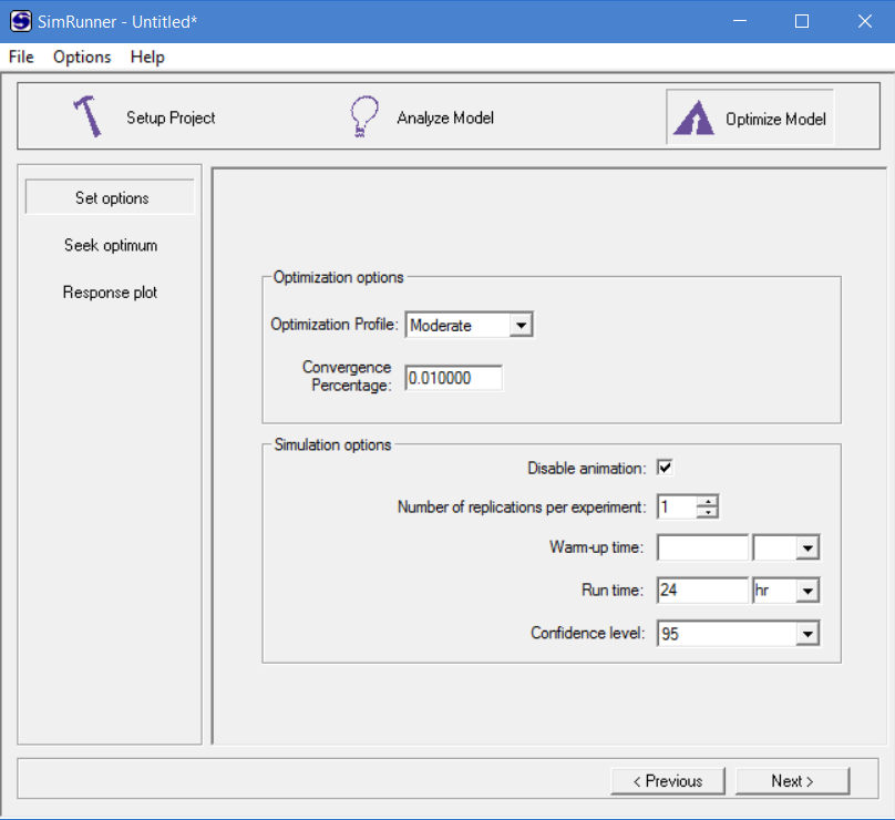 Set options for optimization in simrunner