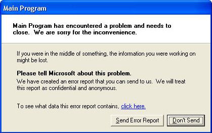 Main Program, Main Program has encountered a problem and needs to close. We are sorry for the inconvenience.