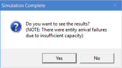 Simulation Complete, Do you want to see the results? (NOTE: There were entity arrival failures due to insufficient capacity)