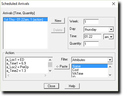Scheduled arrival dialog used to model overall patient flow.