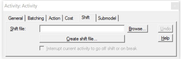Properties dialog activity shift ProcessModel software